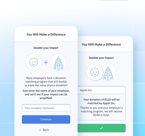 Image of a Fundraise Up donation form with the Double the Donation employer search field