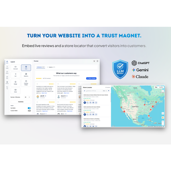 Turn your website into a trust magnet.
Embed live reviews and a store locator that convert visitors into customers.