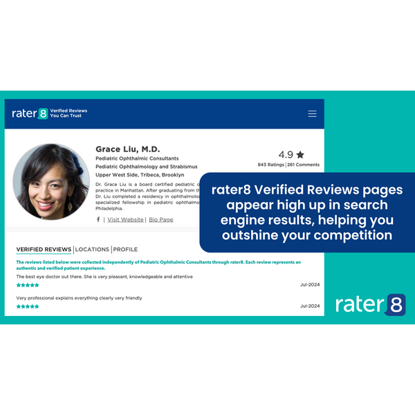 rater8 Verified Reviews listings appear high up in search engine results and use structured data to ensure AI tools can easily recommend your providers to patients who are searching for care