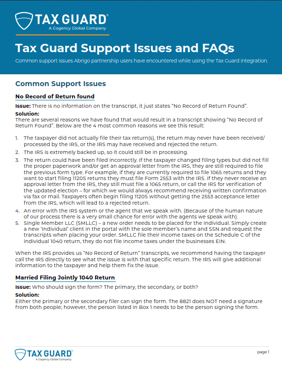 Tax Guard Support Issues & FAQs image
