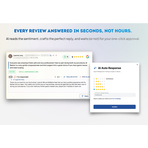 Every review answered in seconds, not hours.
AI reads the sentiment, crafts the perfect reply, and waits (or not) for your one-click approval.