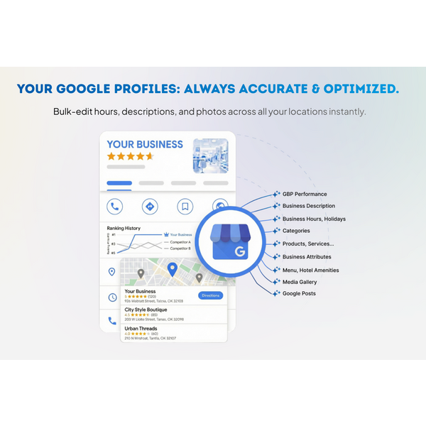 Your Google profiles: always accurate & optimized. 
Bulk-edit hours, descriptions, and photos across all your locations instantly.