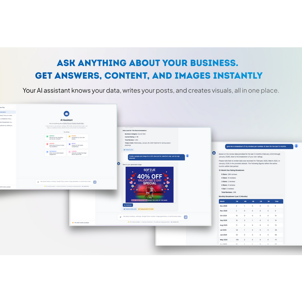 Ask anything about your business. 
Get answers, content, and images instantly
Your AI assistant knows your data, writes your posts, and creates visuals, all in one place.