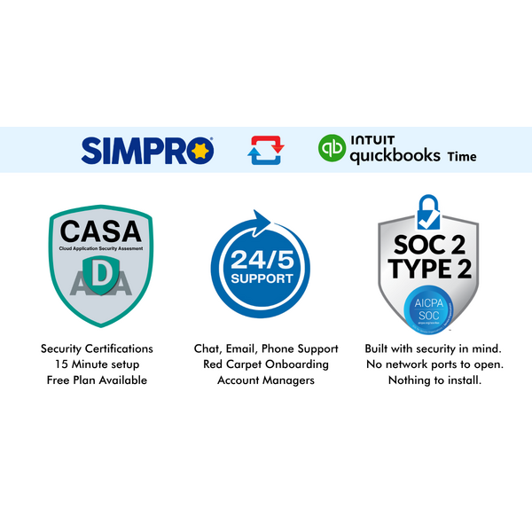 Simpro and QuickBooks Time Integration: Security, Support, and SOC 2 Type 2 Certification