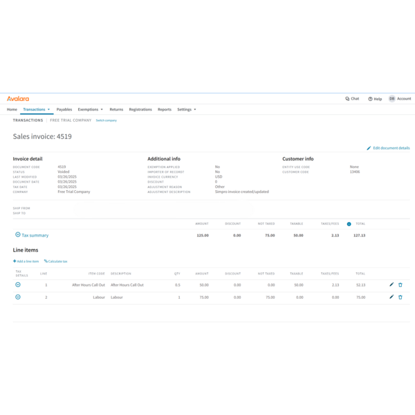 Simpro Transaction in Avalara
