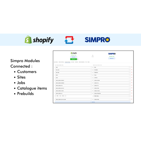 Shopify and Simpro Integration: Field Pairing for Key Modules