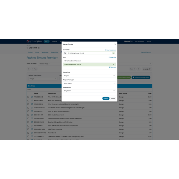 Push your Groundplan Quantities back to a Simpro Quote.