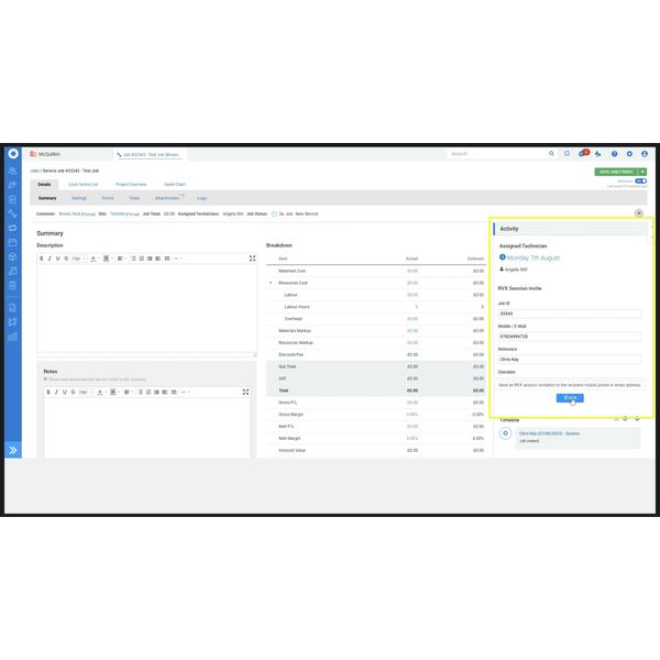 RVX embedded into the Simpro interface.