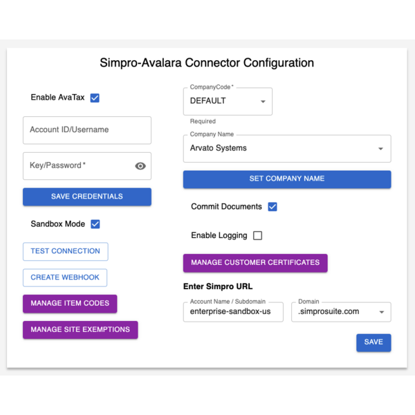 Simpro-Avalara- Connector Configuration screen