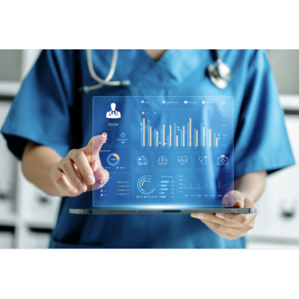 A provider looks at a tablet that is displaying health related data and analytics dashboard. The image is cropped and only the torso and arms and tablet are visible.