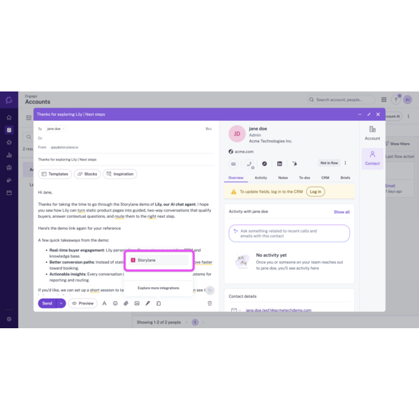 Access Storylane App from Gong Engage Email