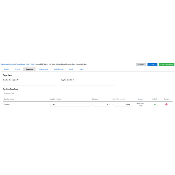 Supplier details from Screwfix catalogue
