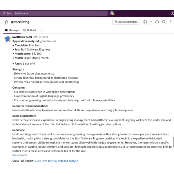 Slack alert showing real-time candidate analysis with match score, strengths, concerns, and recruiter recommendation.