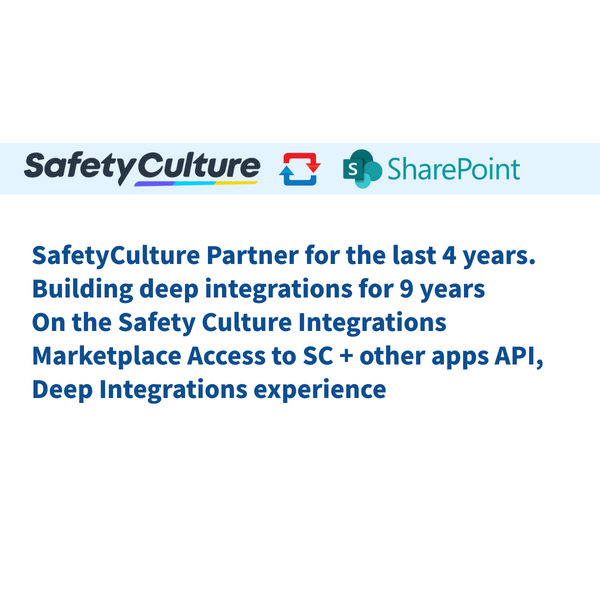 SafetyCulture–SharePoint partner with 9 years of deep API integration experience, listed on the SafetyCulture Integrations Marketplace.