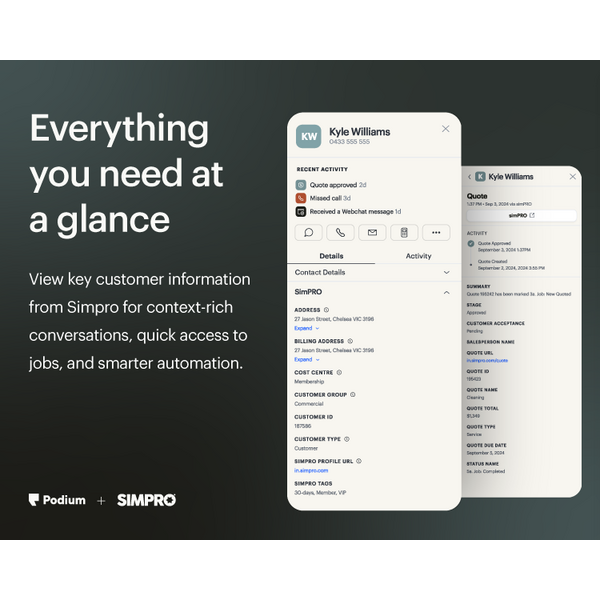 View key customer information from Simpro for context-rich conversations, quick access to jobs, and smarter automation.