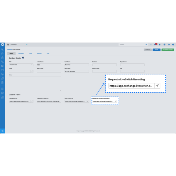 Request a video recording from Simpro contact records