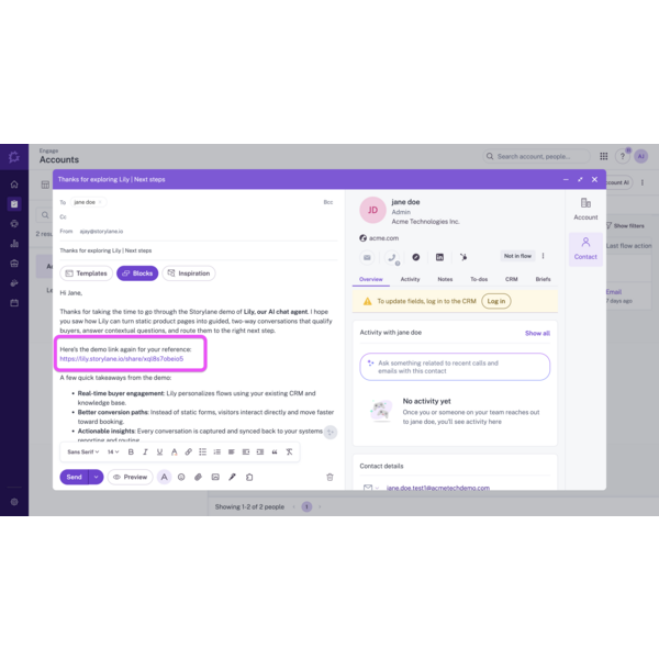 Storylane Demo gets added to the Gong Engage Email