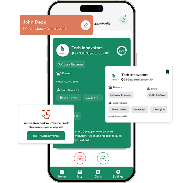 Candidates see Job postings as a card and can swipe to apply.