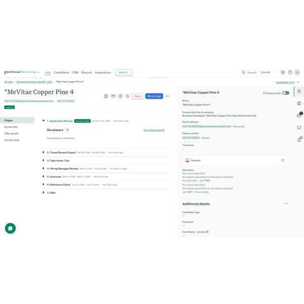 Anonymised recruiting on the application profile.