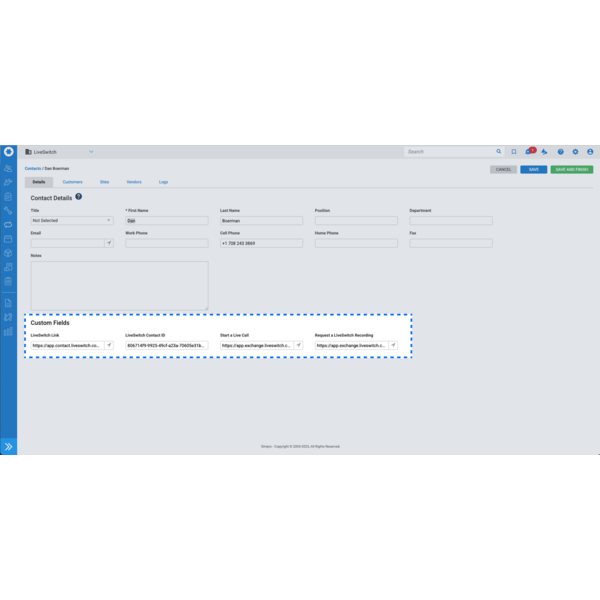 LiveSwitch fields in Simpro contact records