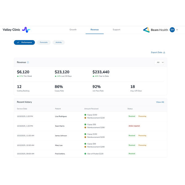 Beam gives you a clear view of your practice’s revenue over time, from high-level trends to individual patient data. 