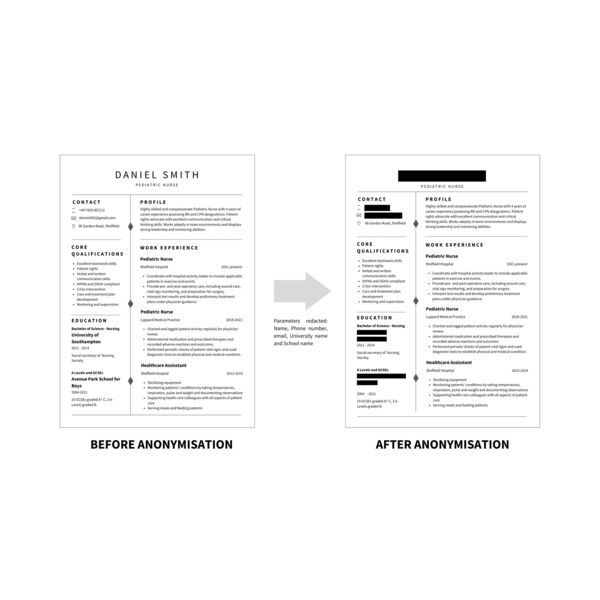 Example of MeVitae redaction on a resume.