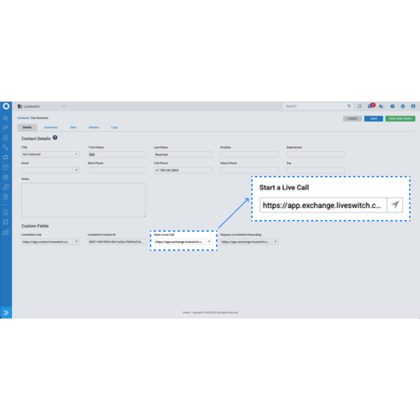 Start a live video call from Simpro contact records