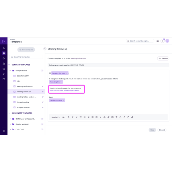Storylane Demo added to the Gong  Workflow with Templates