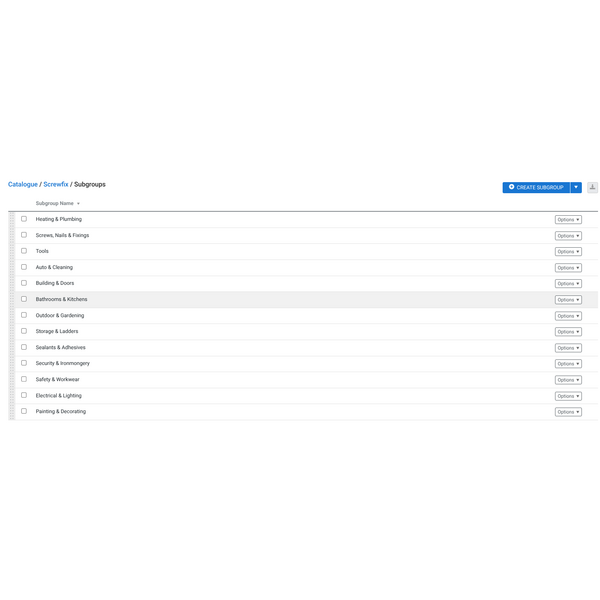 Screwfix categories in Simpro catalogue