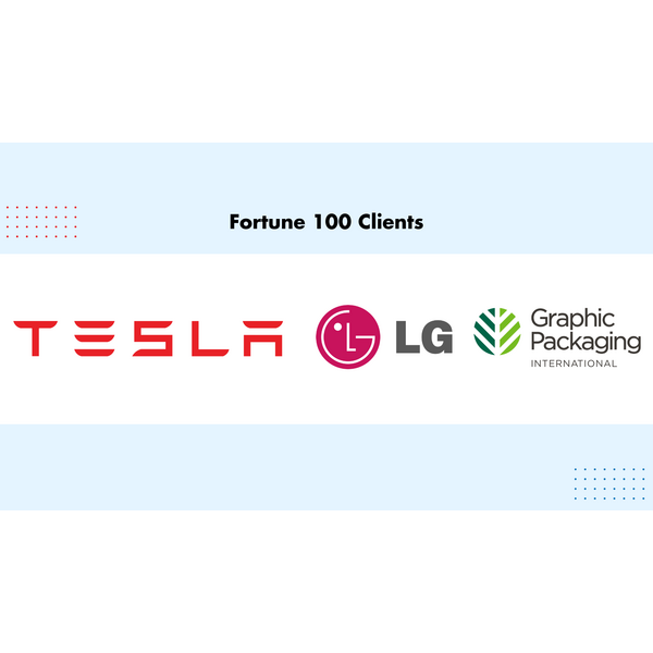 Fortune 100 clients, featuring Tesla, LG and Graphic Packaging International logos.