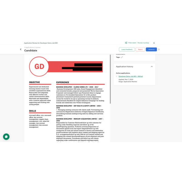 Anonymised recruiting within application review.