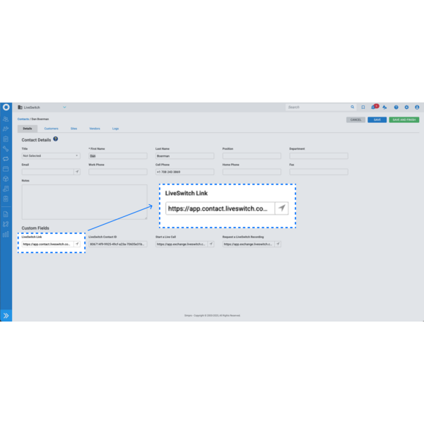 View all video sessions and projects associated with a Simpro contact record in LiveSwitch