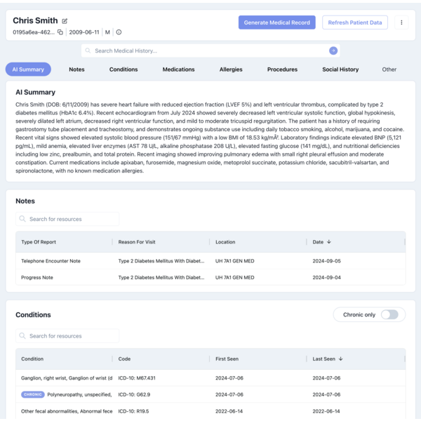 Metriport clinician interface and AI summary