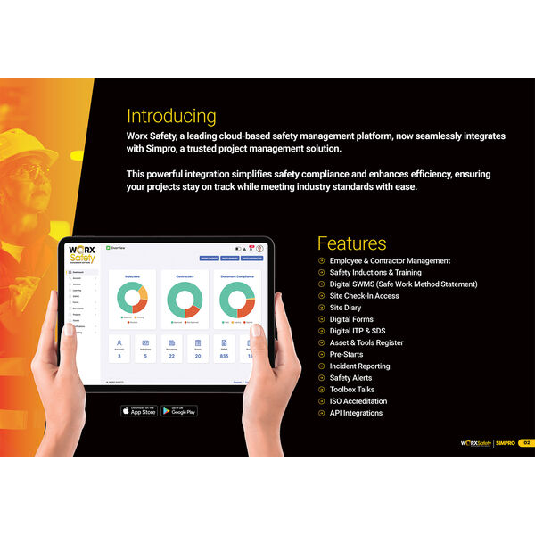 A cloud-based Safety Management platform built to streamline and automate workplace health and safety compliance for small to medium businesses, that integrates with Simpro.

Features include:
- Employee & Contractor Management
- Safety Inductions & Training
- Digital SWMS
- Digital Forms
- Site Management
- Site Check-In
- Asset & Tools Management
- Digital ITP & SDS 
- Incident Reporting
- Safety Alerts
- Toolbox Talks

Digitise your safety that will assist in protecting your staff from injury — and your business from the safety inspector!
